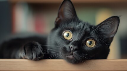 Close-up of a Curious Black Cat with Striking Yellow Eyes on a Light Wooden Surface
