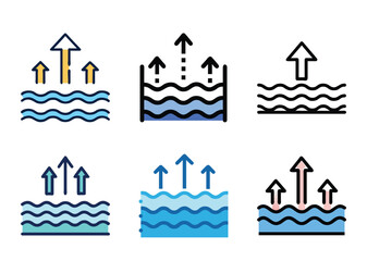 Fototapeta premium Various vector icon illustrations depicting rising upward flow from water surfaces