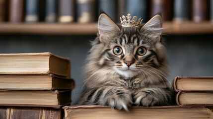 Adorable Cat in Crown Surrounded by Vintage Books in Cozy Library Setting