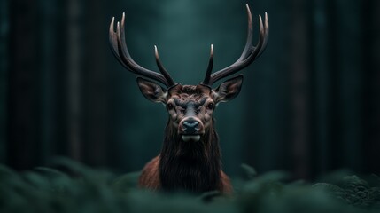 Majestic Stag in Misty Forest with Antlers Surrounded by Dense Green Foliage