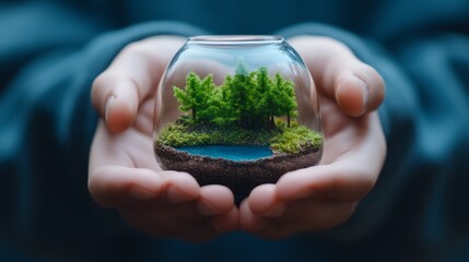Hands Holding Glass Sphere with Miniature Forest and Water Body Inside for Eco-Friendly Concept