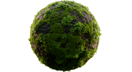 3D Render of Green Moss Texture on Round Stone with Transparent Background