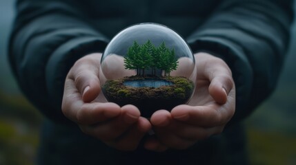 A Hands Holding a Glass Sphere with Miniature Forest and Pond Inside Capturing Nature's Beauty