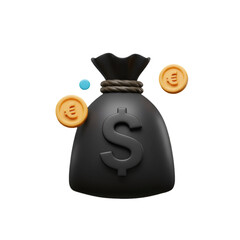 3D Render Money Bag with Coins Isolated on Transparent Black Background
