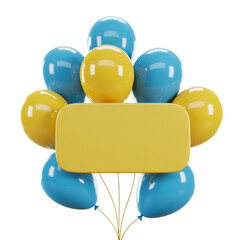 3D Render of a Bundle Balloons in Yellow and Blue with a Blank Sign