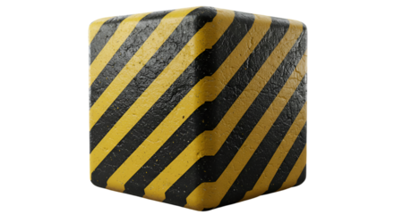 3D Rendered Cube With Diagonal Yellow and Black Warning Stripes Isolated on Transparent Background