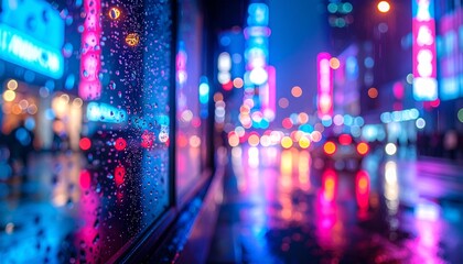 夜の街、ネオンサインが反射する窓ガラスについた水滴のクローズアップ