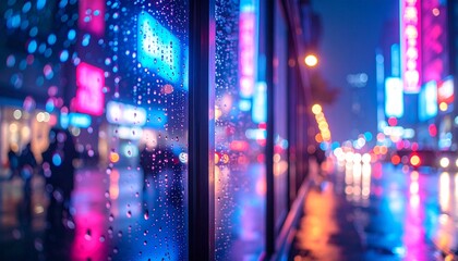 夜の街、ネオンサインが反射する窓ガラスについた水滴のクローズアップ