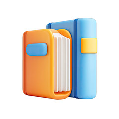 Two stylized books, orange and blue, appear stacked.  Pages are visible.  3D render