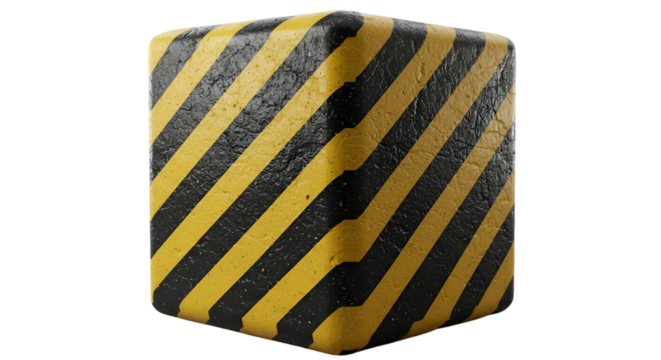 3D Rendered Cube With Diagonal Yellow and Black Warning Stripes Isolated on Transparent Background