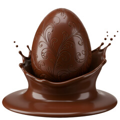 3D Render Of Chocolate Egg In Splash With Detailed Decoration Isolated Background