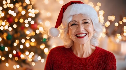 Joyful Christmas Moments: A woman embodying festive cheer, wears a Santa hat while basking in the warm glow of a beautifully adorned Christmas tree, the air is filled with joy and happiness