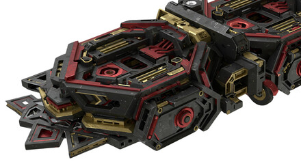 3D Render Of Futuristic Mechanical Structure With Black Gold And Red Details