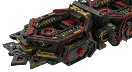 3D Render Of Futuristic Mechanical Structure With Black Gold And Red Details