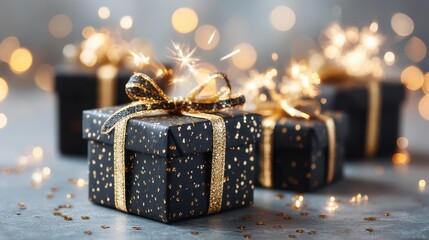 Gift of Celebration: Close-up view of exquisite gift boxes, adorned with elegant bows and twinkling lights in the background, perfect for festive seasons and special occasions.