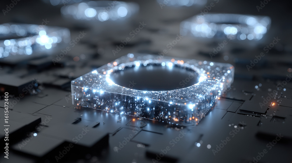 Poster exploration of miniaturised quantum systems and data streams in a minimalistic, futuristic environme