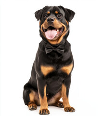 Happy Rottweiler wearing black bow tie sits with its tongue out against white background, exuding charm and elegance
