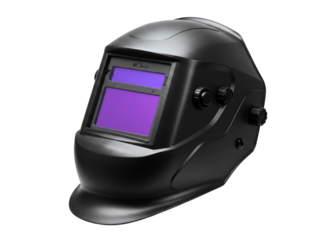 Black welding helmet with auto darkening lens isolated on transparent background