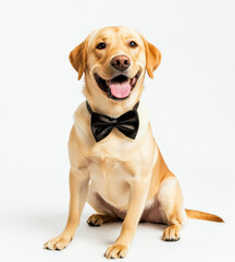 Happy Labrador Retriever dog wearing black bow tie sits with its tongue out, exuding joy and elegance against white background