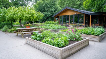 Serene Garden and Building: A charming building seamlessly blends with a thriving garden, creating a harmonious ecosystem where nature and design converge in perfect symbiosis.