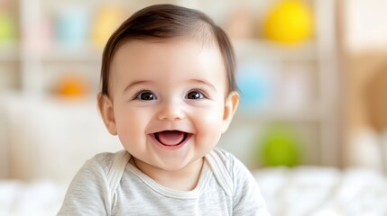 Radiant Baby's Smile: A close-up shot of a gleeful baby, his eyes sparkling with mirth, revealing a joyous smile that lights up the frame, conveying pure innocence and contentment.