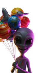 3D Render of Smiling Alien Holding Space Balloons on Transparent Background
