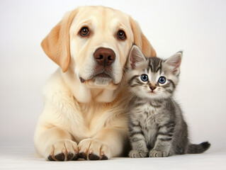 Playful Labrador retriever puppy with soft cream coat lies next to cute gray tabby kitten, both looking curiously at camera against white background