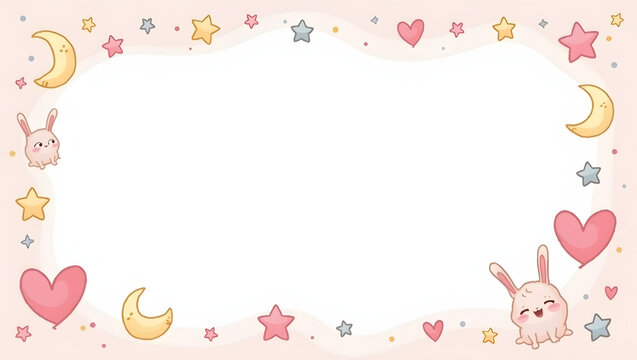Sweet dreams nursery frame background with cute cartoon bunnies, stars, and hearts. A whimsical pastel illustration for babies.