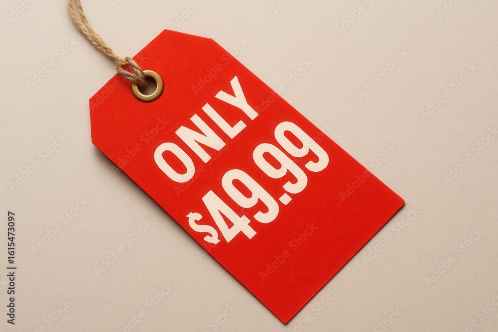 Poster a red price tag with bold white text displaying 