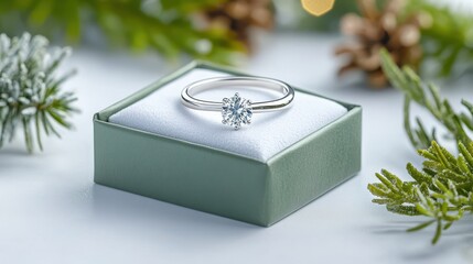 Diamond Ring in the Display: A luxurious diamond ring is nestled in its display case surrounded by seasonal decoration, capturing the timeless allure of elegance.