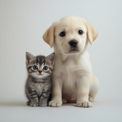 Playful Labrador retriever puppy with soft cream coat sits beside curious gray tabby kitten, both looking adorably at camera against simple background
