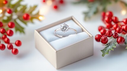 Sparkling Proposal: A luxurious, diamond engagement ring sits nestled in a pristine box, surrounded by festive holiday adornments. A symbol of everlasting love.