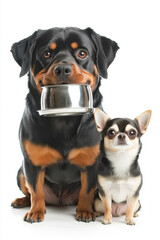 Rottweiler and small Chihuahua sit side by side, Rottweiler holding metal bowl in its mouth, creating charming and humorous scene
