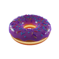 3D Render Realistic Donut with Purple Glaze and Colorful Sprinkles Isolated