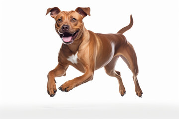 Playful brown dog with white chest is captured mid air in dynamic studio shot against pure white background, showcasing its energetic and joyful nature