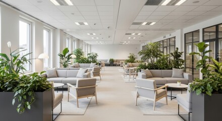 Modern Office Waiting Area with Natural Light and Lush Greenery