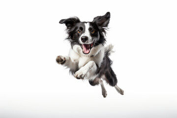 Joyful black and white dog leaps energetically against white background, capturing sense of playful motion. dynamic studio shot highlights dog lively expression and movement