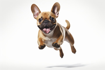 Playful French bulldog joyfully leaps in dynamic studio shot, showcasing its energetic and lively nature against clean white background