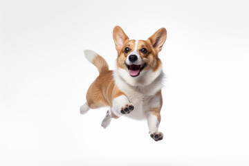 Joyful Welsh Corgi leaps energetically in studio setting against white background, showcasing its playful nature and dynamic movement