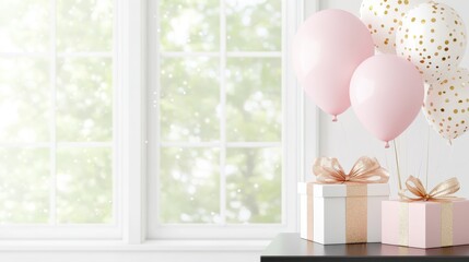 Dreamy Celebration: Balloons and presents near the window with soft light in the interior, evokes a sense of anticipation and celebration, perfect for conveying joy and memorable moments.