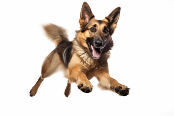 Energetic German Shepherd dog mid jump against white background, showcasing its playful and dynamic nature. dog joyful expression and movement capture sense of excitement and vitality