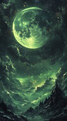 Glowing Moon Above Fantasy Landscape with Dramatic Sky