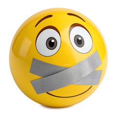 Yellow emoji with duct tape over mouth and wide eyes