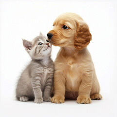 Young golden colored Cocker Spaniel puppy and gray tabby kitten sit together on white background, displaying heartwarming bond. Their innocent expressions evoke sense of joy and companionship