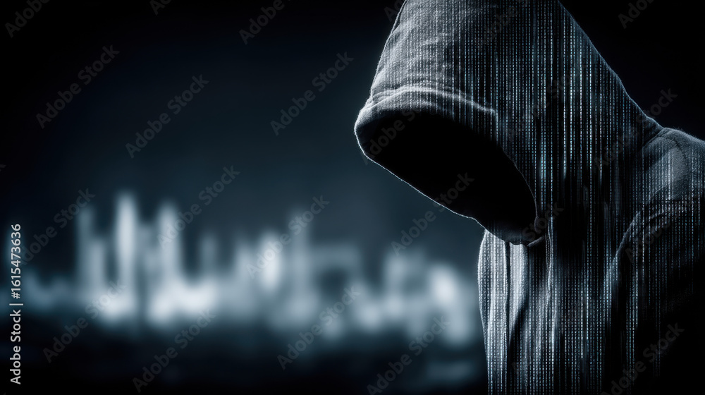 Poster mysterious figure in hoodie exchanging digital data streams for cash in dark alley lit by glowing co