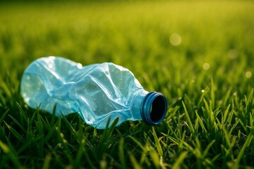 Crumpled plastic bottle on vivid green grass. Clean, photorealistic composition with soft shadows and high detail