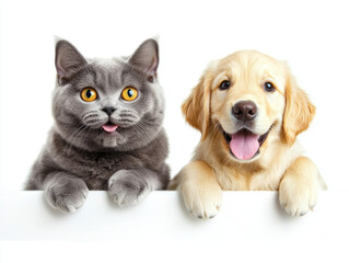 Gray British shorthair cat and golden retriever puppy with joyful expressions peek over white surface, showcasing their playful and friendly nature