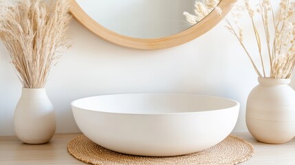 Minimalist Interior Design: A serene and elegant bathroom scene, showcasing a circular basin beneath a round mirror. The composition is framed by two vases with dry plants, creating a sense of calm.