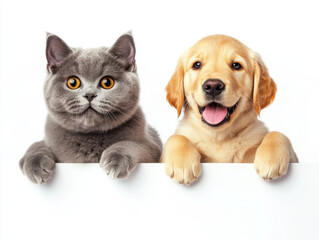 Gray British Shorthair cat and golden retriever puppy peek over white surface, showcasing their adorable expressions. cat plush fur contrasts with puppy golden coat