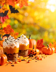 Festive Autumnal Dessert Glasses on Leaf-Covered Table with Pumpkin Sign